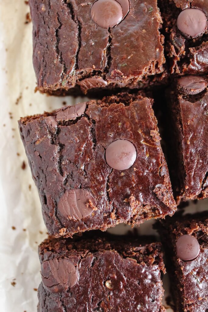 close up shot of a slice of healthy chocolate zucchini snack cake