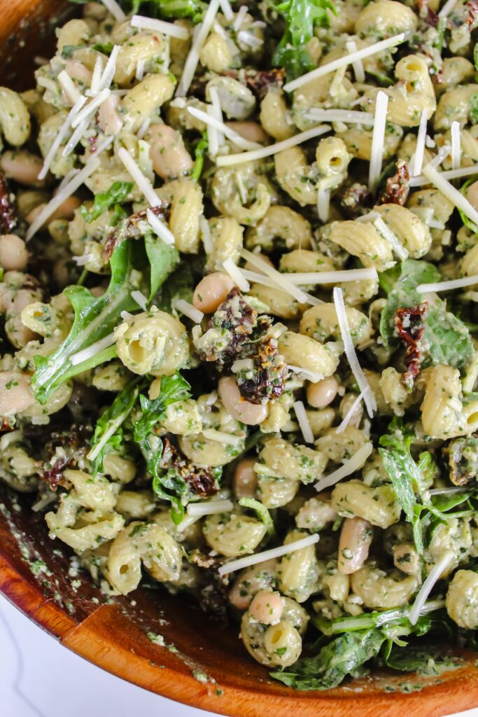 overview close up shot of pesto pasta salad