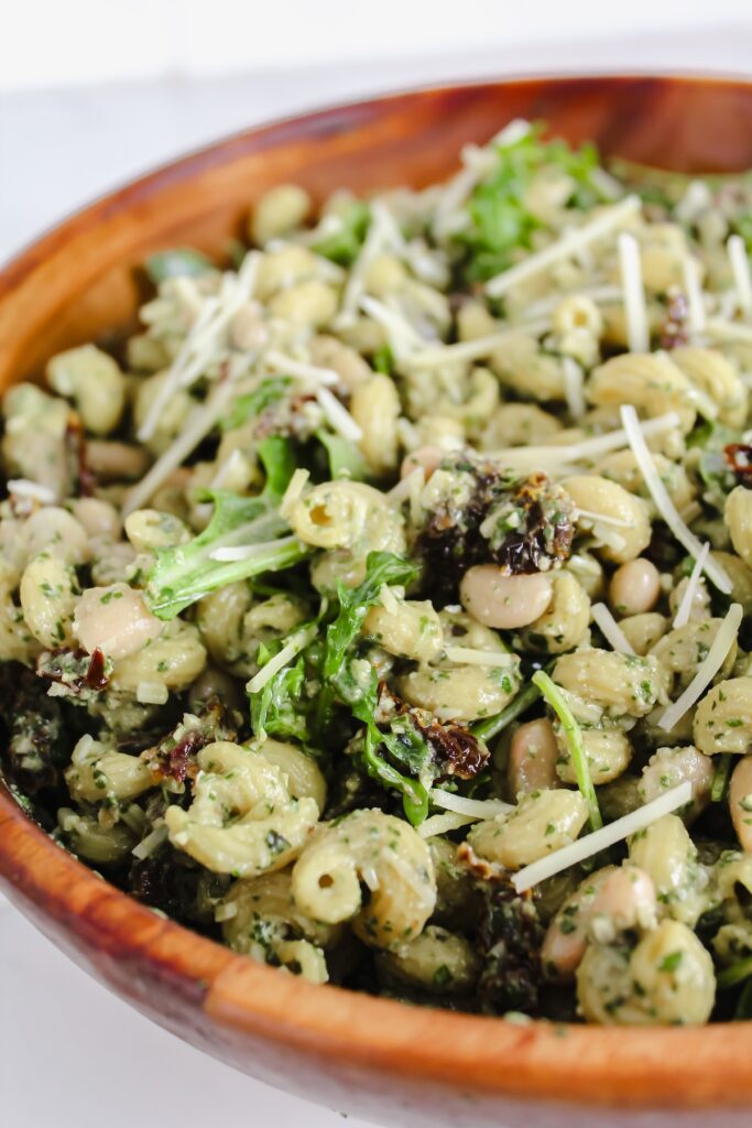 angled shot of pasta salad
