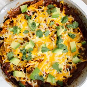 overview shot of vegan skillet enchiladas in the pan