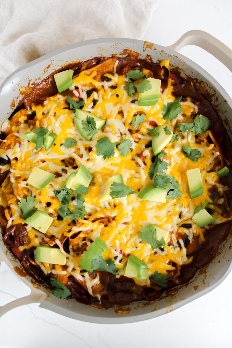 overview shot of vegan skillet enchiladas in the pan