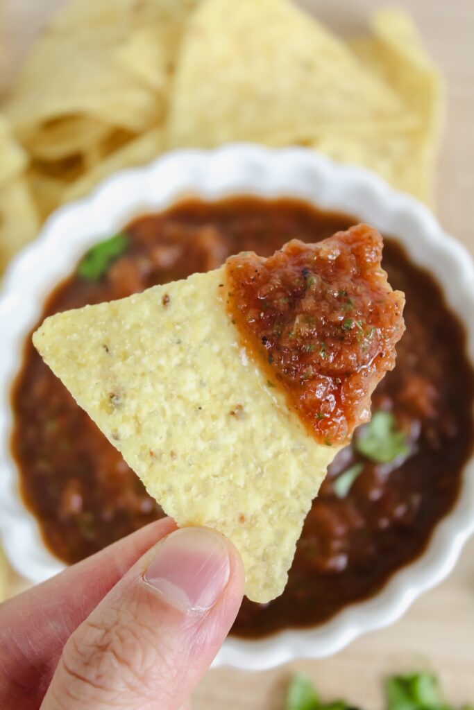 hand holding a chip with salsa on it